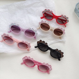 Kids Sunglasses Oval PC Frame Glitter Sequins Scalloped Edge UV400 Protection Outdoor Travel Cute For Toddler Girls