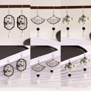 New Chinese style fan-shaped earrings with bamboo ink painting and pearl accents