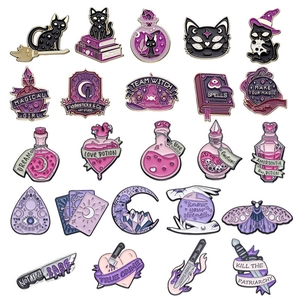 Magic Witch Enamel Brooches Zinc Alloy Metal Lapel Pins Purple Black Mystery Black Cat Crystal Ball Potion Bottle Spell Book