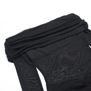 Detail of elegant black off-shoulder mesh stitching and pleated fabric textures