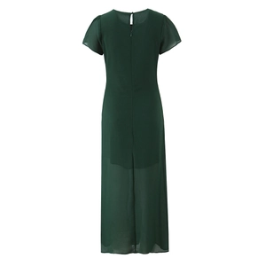 Dettaglio posteriore dell'abito in chiffon verde scuro con cerniera invisibile e tessuto