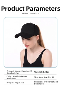 Detailed cotton baseball cap product parameters and specifications with ponytail opening