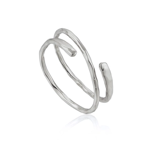 Minimalist double-layered silver open ring with irregular hammered texture on white background