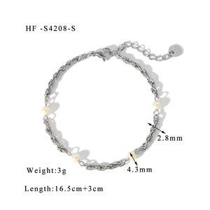 Detailed shot of silver twisted chain bracelet with faux pearls and size annotations