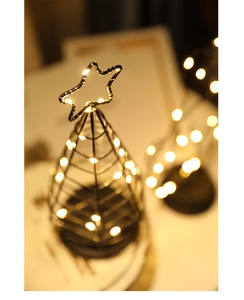 Close-up of a Nordic LED Christmas tree light with warm glowing bulbs on a metal frame