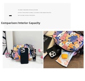 Internal view of cartoon bunny crossbody bag showing smartphone and makeup storage capacity