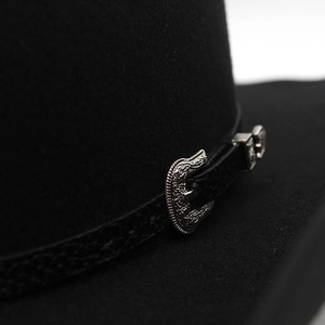 Western punk cowboy hat with leather band and engraved metal buckle detail