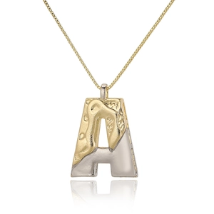 Two-tone gold and silver letter A necklace pendant with textured metal surface and reflection