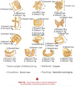 Size chart showing 13 styles of copper ear cuffs with zircon heart and snowflake designs