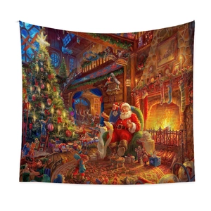 Detailansicht eines festlichen Weihnachtswandteppichs mit Weihnachtsmann und Baum