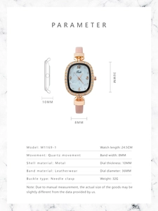 Spécifications de la montre quartz en cuir rose avec lunette sertie de strass