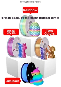 Detail view of 3D printing filaments in rainbow, silk bicolor, and luminous finish