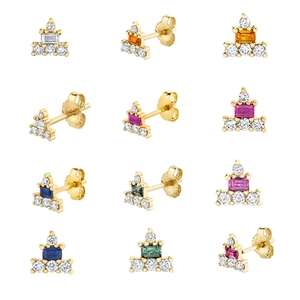 Detail view of colorful emerald-cut zircon earrings with gold plating in a matrix display