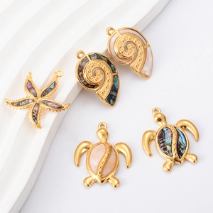 Golden stainless steel ocean pendants with turtle and starfish shell inlays for DIY jewelry