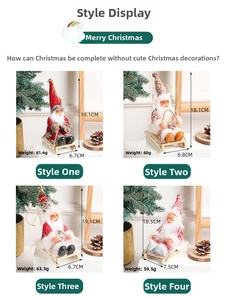 Detail of four Santa Claus figurines on wooden sleighs with glitter and knit hats