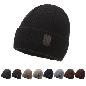 Winter Knitted Beanie Faux Fur Lined Warm Ribbed Skull Cap Leather Patch Outdoor Windproof For Men Women