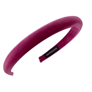 Padded velvet headband in deep rose red with handmade inner label for high cranial top