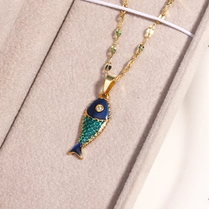Gold stainless steel necklace with blue and green enamel koi fish pendant in gift box