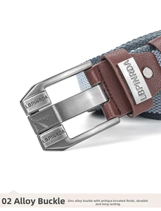 Detail of vintage zinc alloy buckle with brushed finish and logo on canvas belt