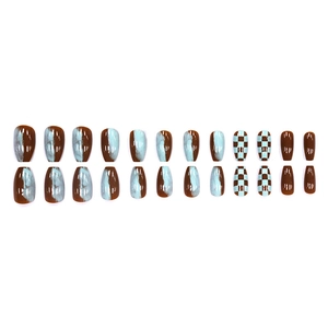 Coffee brown and blue checkerboard coffin press-on nails with marble texture