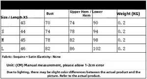 Detailed size chart for the sequin bustier top including length and bust measurements