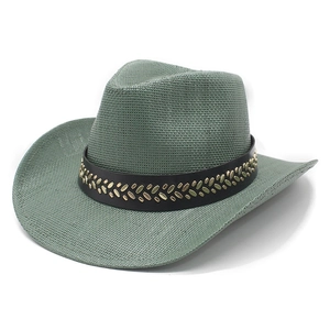 Sage green woven straw cowboy hat with black studded band for men and women