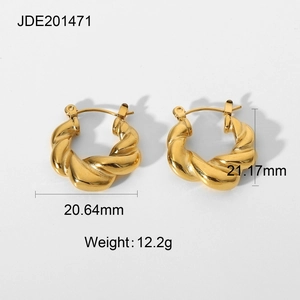 Chunky gold-plated stainless steel croissant hoop earrings for women, 21mm twisted design