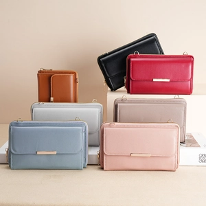 Women's minimalist long wallets with crossbody strap shown in seven diverse color options