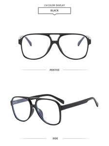 Detailed front and side views of black double bridge pilot sunglasses with blue light lenses
