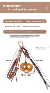 Close-up of caramel brown pretzel keychain showing exact dimensions and resin material