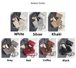 Detailed grid view showing seven colors of the textured faux leather tote bag set