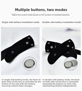 Detail of LED glasses battery compartment showing button controls and CR2032 setup