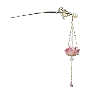 Elegant silver lotus hair stick with pink gradient flowers and hanging pearl tassels
