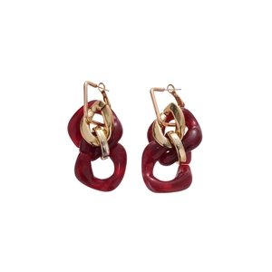 Vintage acrylic tassel drop earrings with geometric gold links and dark red resin charms