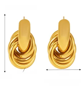 Detail view of gold-plated intertwined stainless steel hoop earrings with size measurements