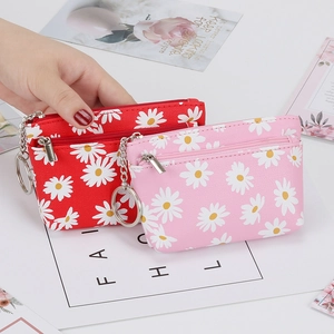 Mini floral coin purse with double zippers and daisy print for women keys and cards