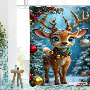 Detail eines weihnachtlichen Rentier-Duschvorhangs aus wasserfestem Polyester im Bad