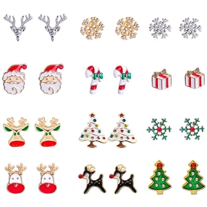 Detailed grid view of 12 pairs of Christmas stud earrings with Santa and Reindeer motifs