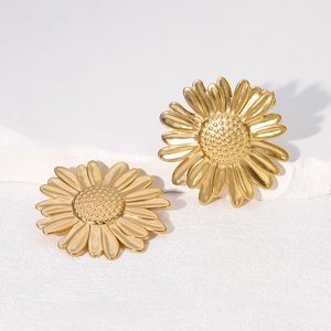 Close-up of golden sunflower earrings featuring intricate petal texture and floral detail