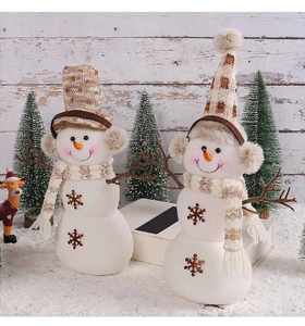 Detail of plush Christmas snowmen with plaid hats and scarves in a festive winter scene