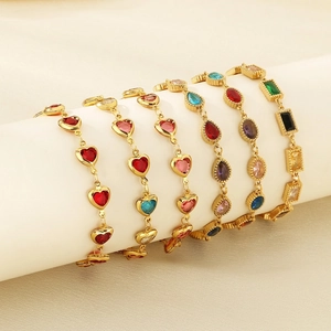 Colorful Heart Glass Gemstone Stainless Steel Necklace And Bracelet For Women Gold Plated Trendy Sweet Jewelry