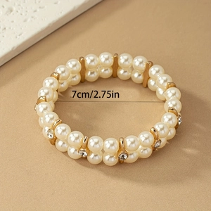Double-layer pearl elastic bracelet with gold spacers and rhinestones, 7cm diameter