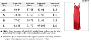 Detailed size guide table for the elegant satin slip dress with slit in various sizes
