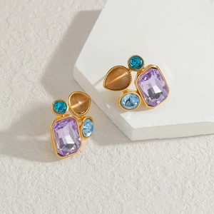 Orecchini geometrici vintage in oro con pietre di zircone colorate viola blu e marroni