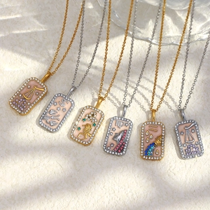 18K gold plated stainless steel 12 Zodiac enamel square pendant necklace with crystals