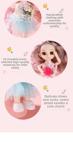 Detail of 23 moveable joints doll with pink hair in a lace dress and white shoes