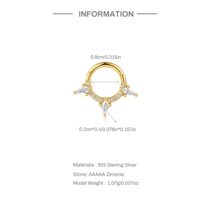 Close-up of golden S925 sterling silver nose ring with opal and AAAAA zircon dimensions