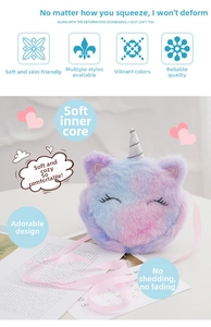 Detailed view of the soft unicorn cat plush bag featuring pink sequin ears and gradient fur