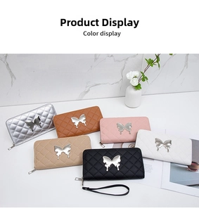 Group shot of long quilted wallets in six colors with decorative butterfly metal buckles