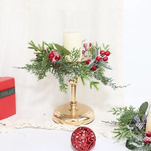 Eucalyptus and red berry mini Christmas wreath candle holder with gold base and glass cover